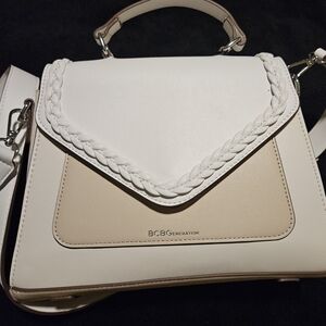 BCBGeneration White and Tan Satchel with Braided Flap